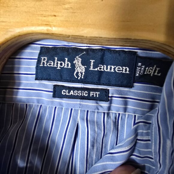 Ralph Lauren Button Down Dress Shirt Large Men's Long Sleeve Blue Striped - Picture 4 of 5